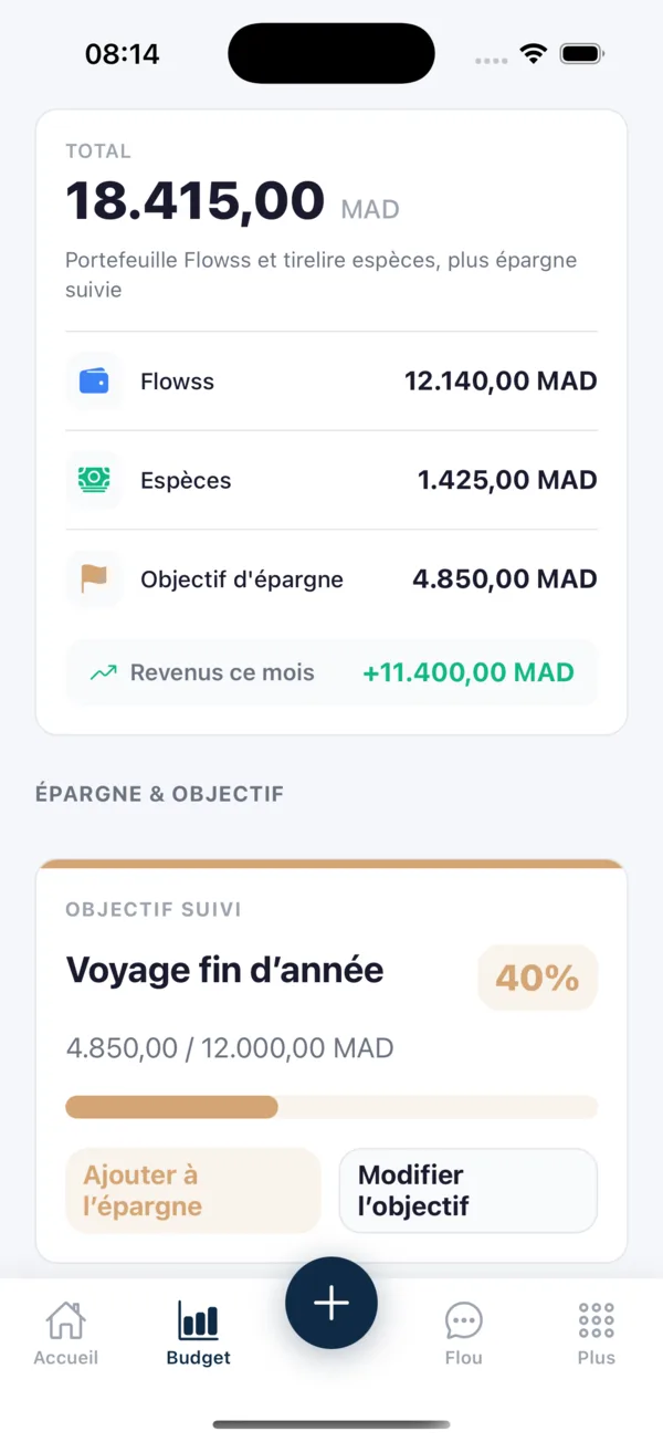 Onglet Budget de Flowss : budget total, dépensé, restant et rythme du mois