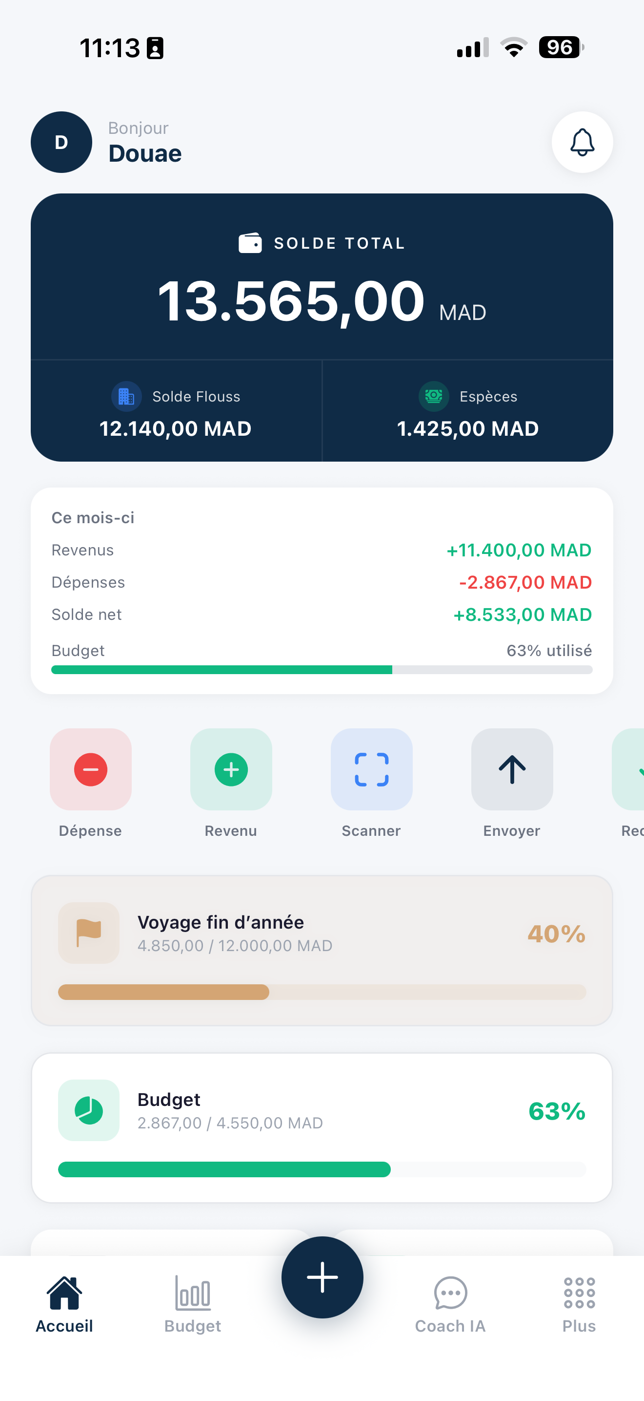 Flouss - écran d’accueil avec solde total et résumé du mois