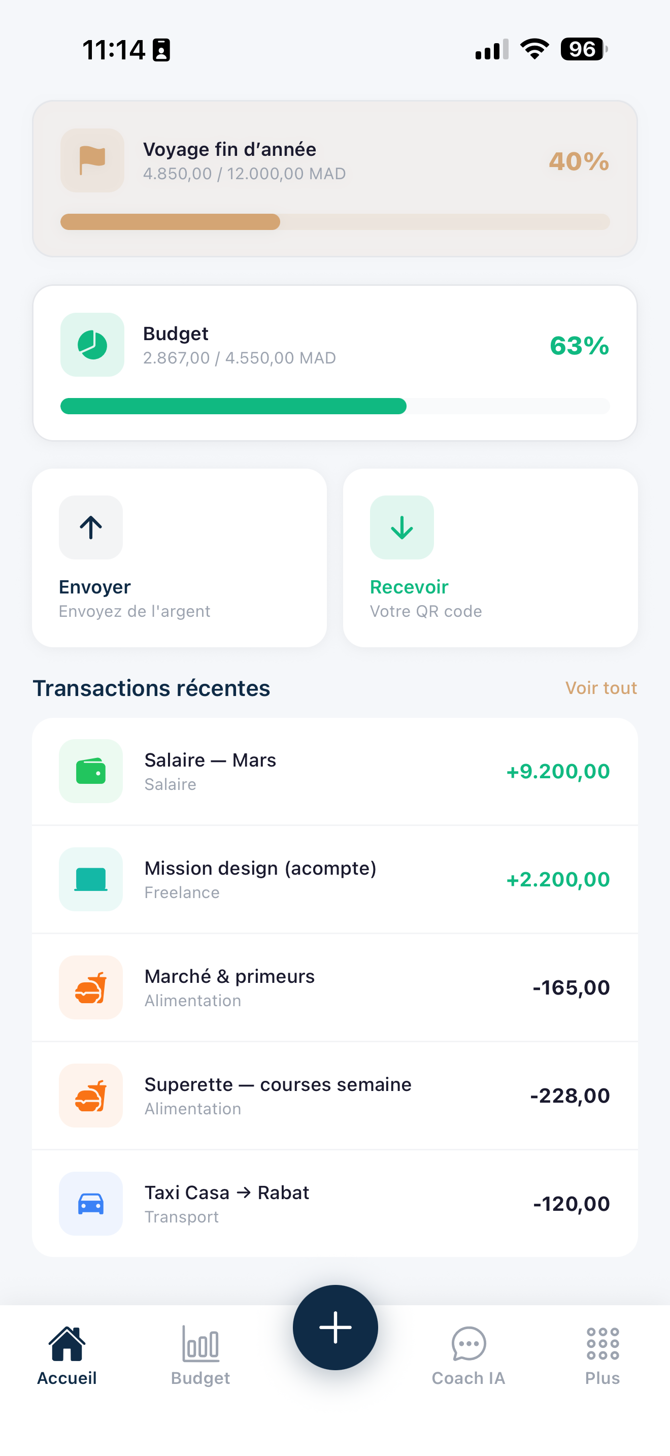 Flouss - objectif d’épargne, budget et transactions récentes